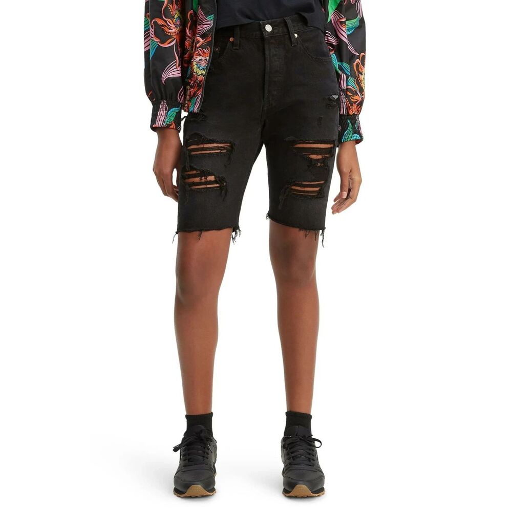 Levi's Womens 501 Slouch Shorts Deconstructed Cut Off Black Denim sz 24 Grunge